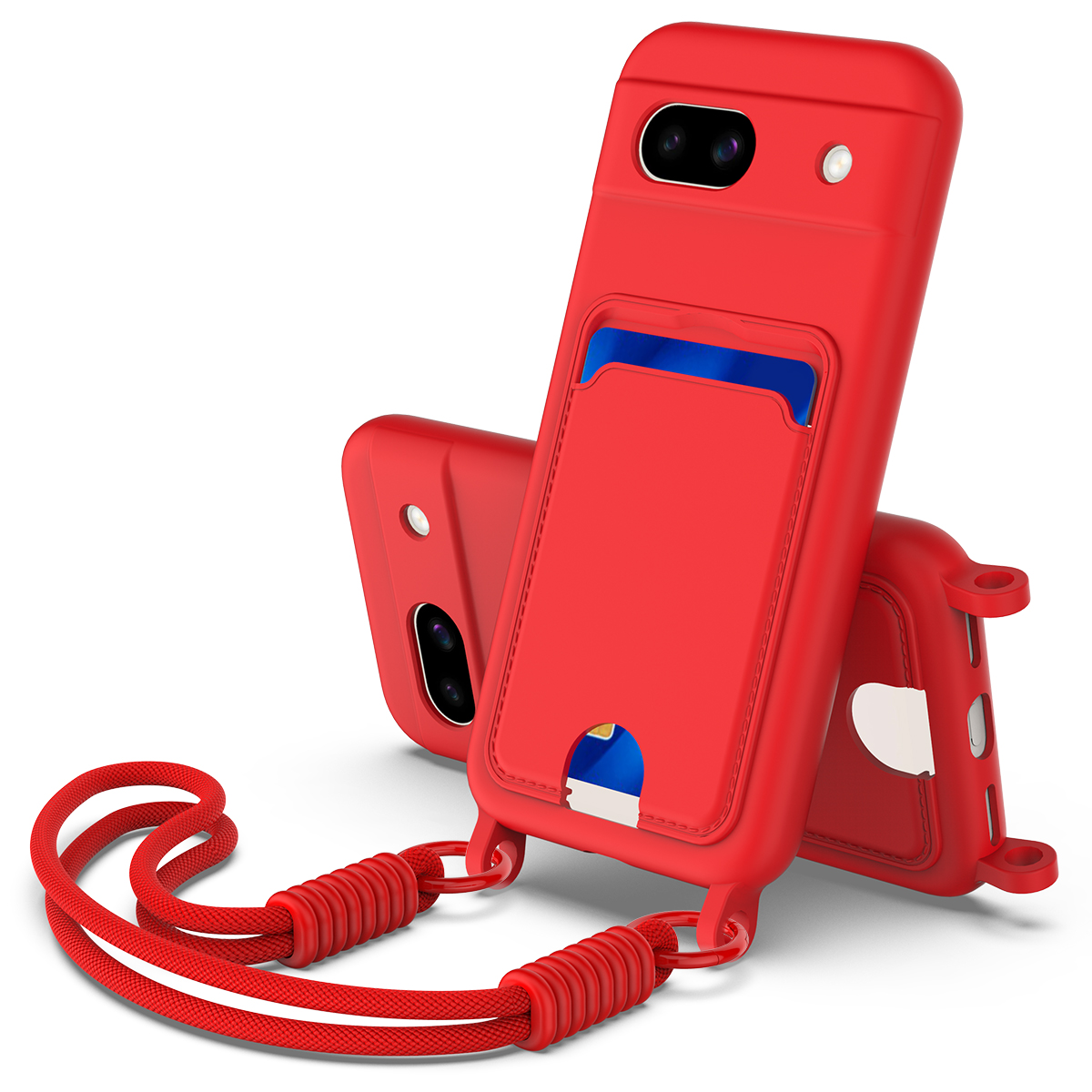 For Google Pixel 8a Liquid Silicone Case  Phone Back Cover with Card Holder and Short Strap - Red