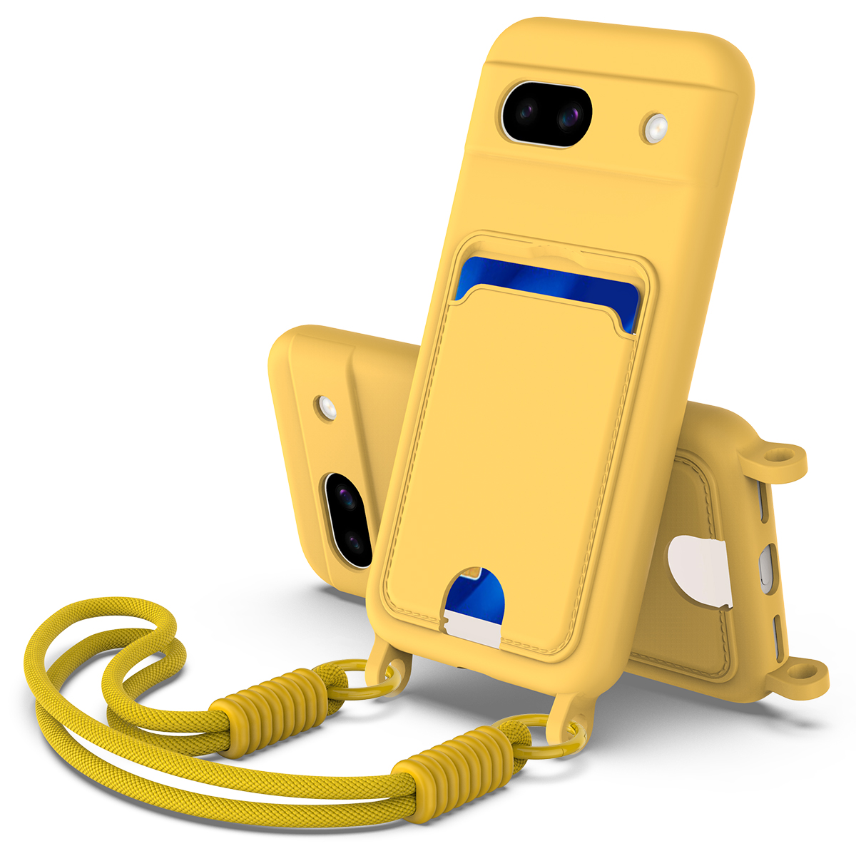 For Google Pixel 8a Liquid Silicone Case  Phone Back Cover with Card Holder and Short Strap - Yellow