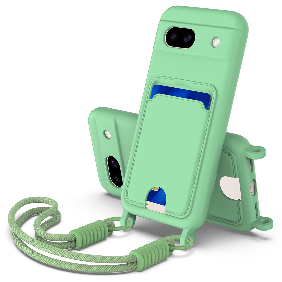 For Google Pixel 8a Liquid Silicone Case  Phone Back Cover with Card Holder and Short Strap - Green