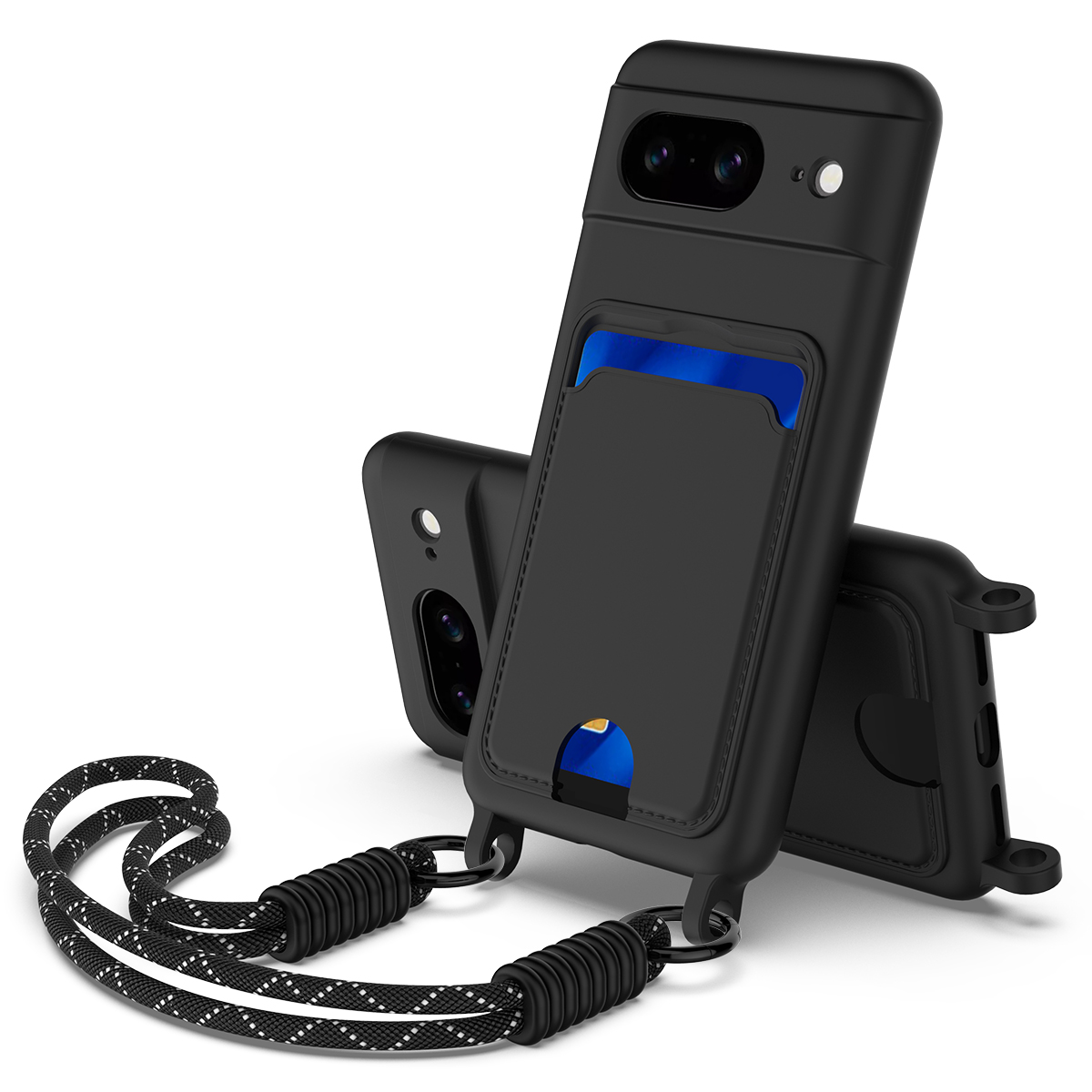 For Google Pixel 8 Liquid Silicone Case  Phone Back Cover with Card Holder and Short Strap - Black