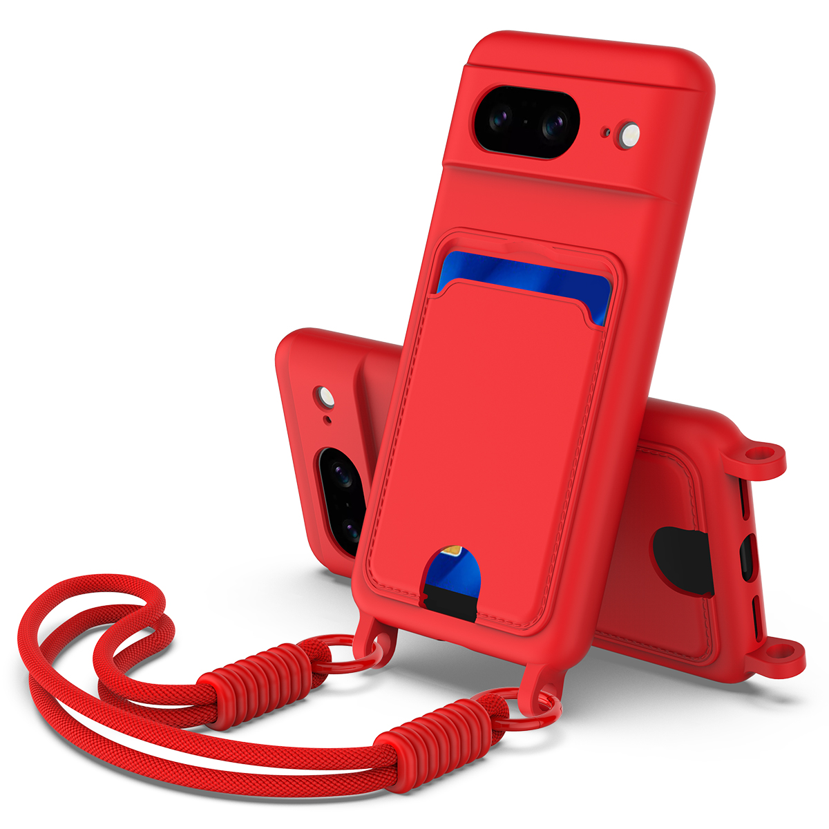 For Google Pixel 8 Liquid Silicone Case  Phone Back Cover with Card Holder and Short Strap - Red