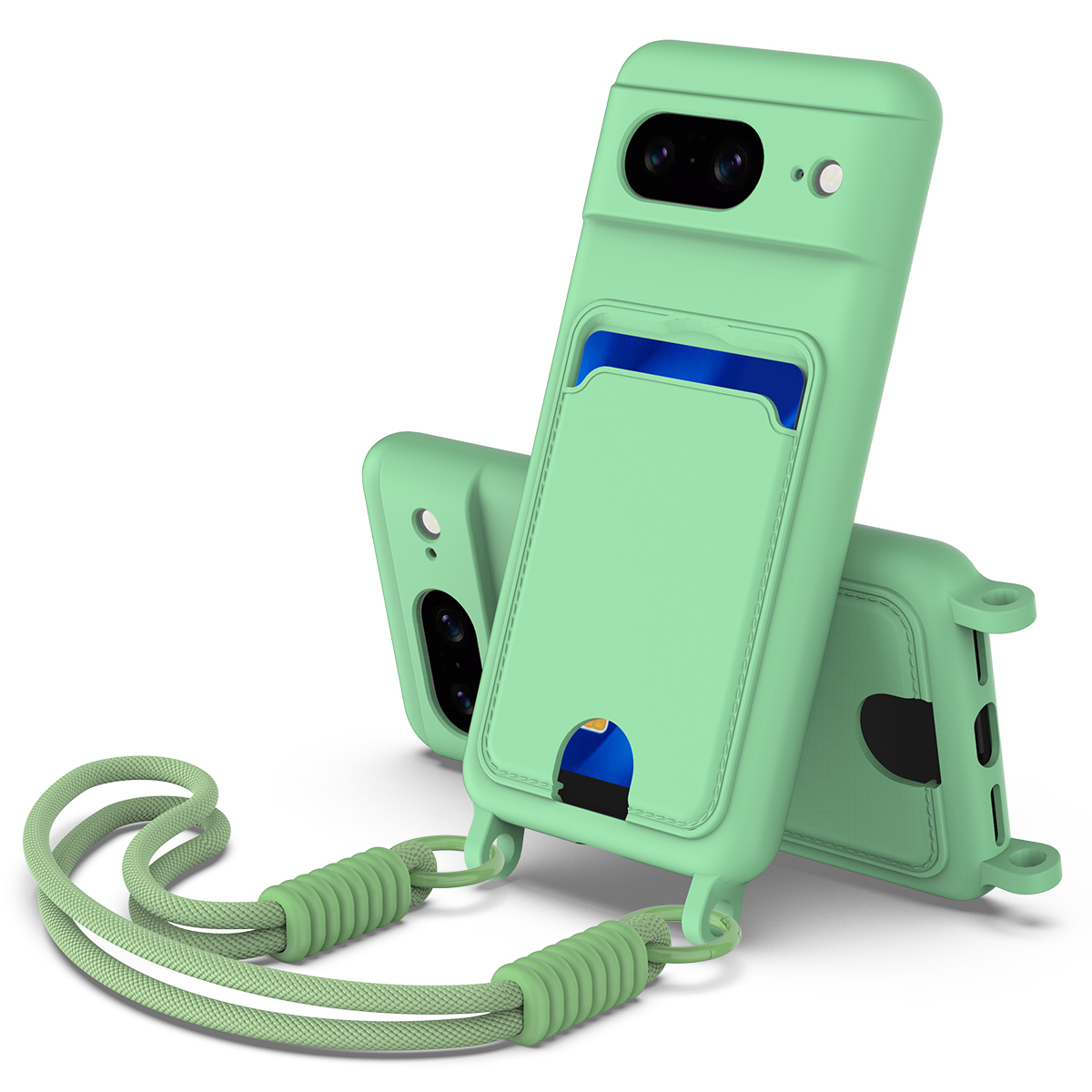 For Google Pixel 8 Liquid Silicone Case  Phone Back Cover with Card Holder and Short Strap - Green