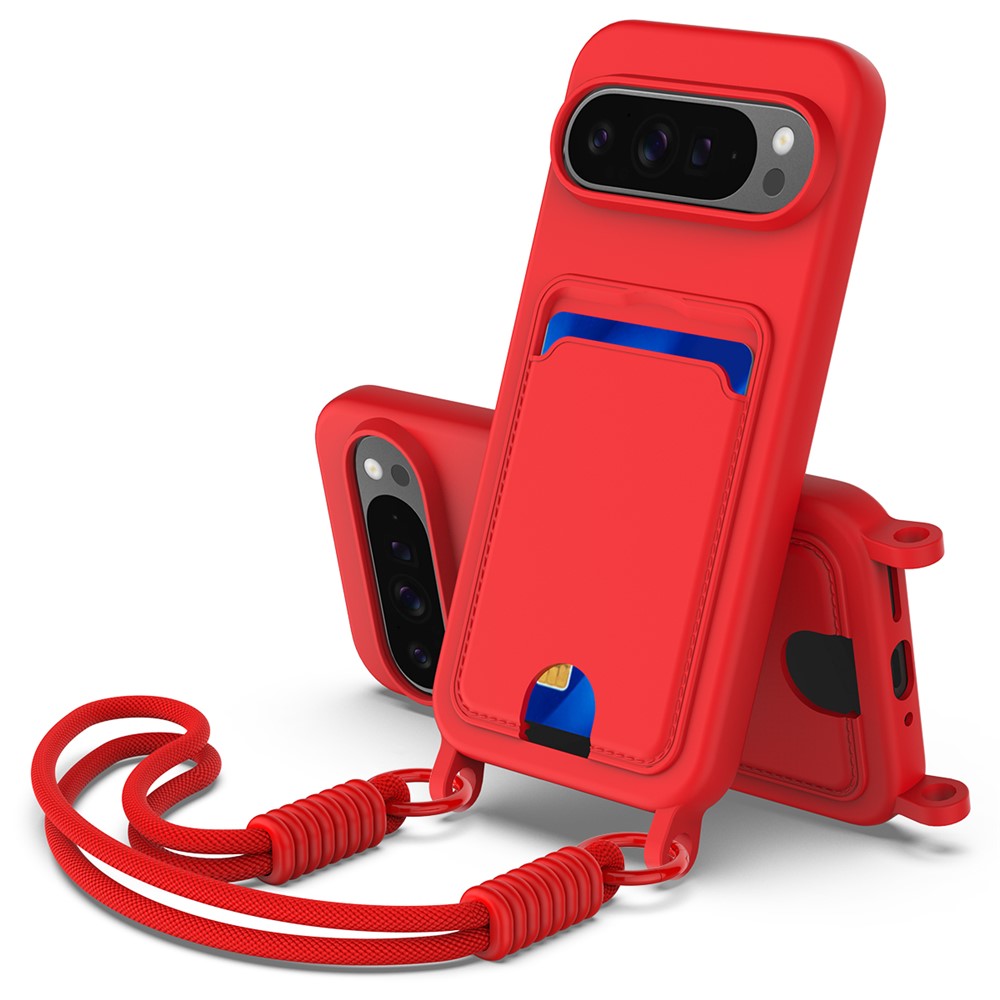 For Google Pixel 9 Pro XL Liquid Silicone Case  Phone Back Cover with Card Holder and Short Strap - Red