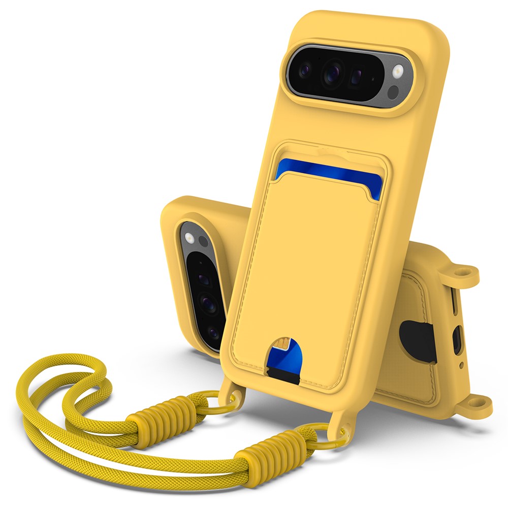 For Google Pixel 9 Pro XL Liquid Silicone Case  Phone Back Cover with Card Holder and Short Strap - Yellow