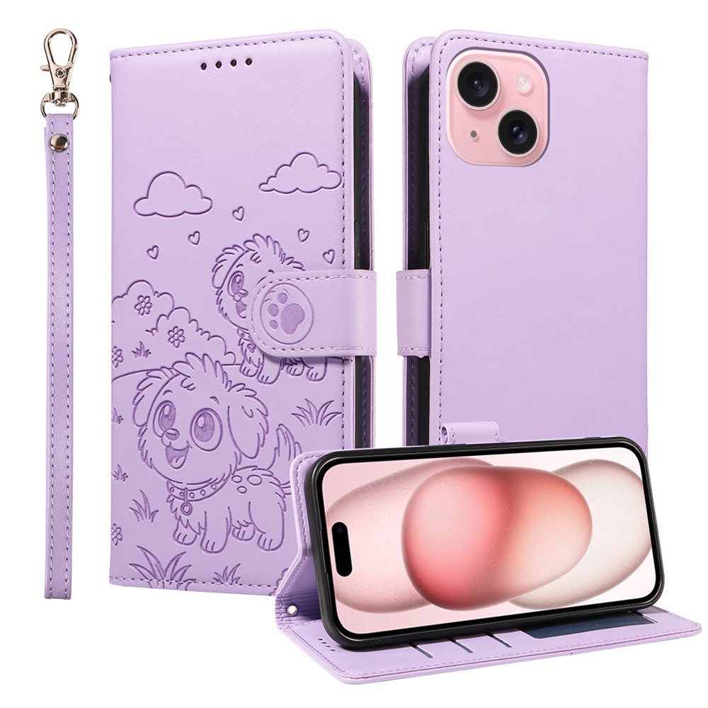 For iPhone 15 Case RFID Blocking Imprinted Dog Pattern PU Leather Phone Cover with Wrist Strap - Purple