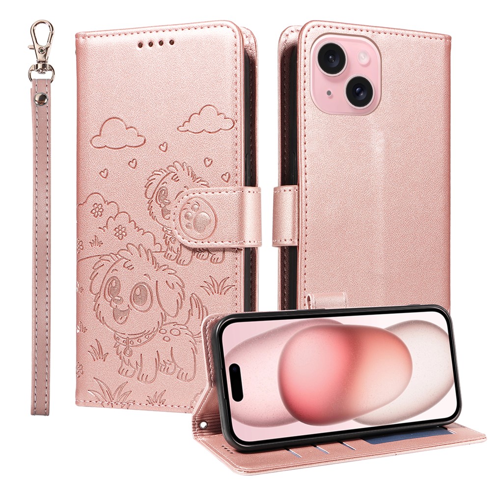 For iPhone 15 Case RFID Blocking Imprinted Dog Pattern PU Leather Phone Cover with Wrist Strap - Pink