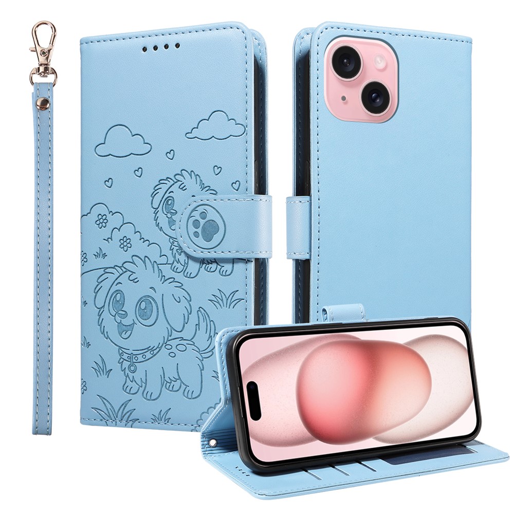 For iPhone 15 Case RFID Blocking Imprinted Dog Pattern PU Leather Phone Cover with Wrist Strap - Blue