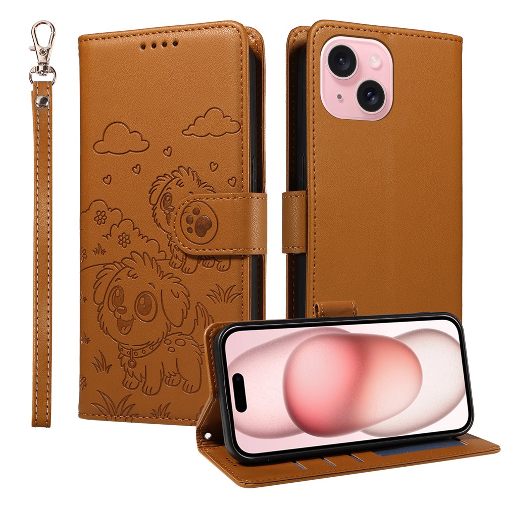For iPhone 15 Case RFID Blocking Imprinted Dog Pattern PU Leather Phone Cover with Wrist Strap - Brown