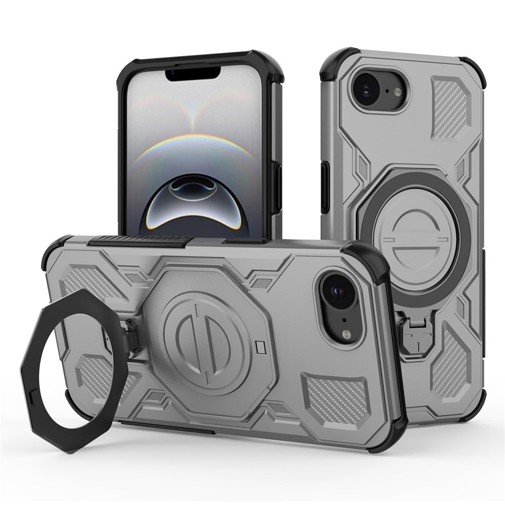 For iPhone 16e Magnetic Case Rotating Metal Kickstand Shockproof PC + TPU Phone Back Cover - Grey