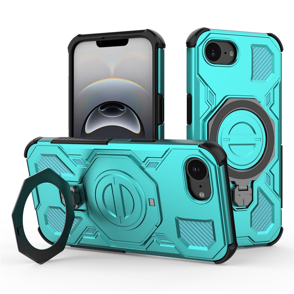 For iPhone 16e Magnetic Case Rotating Metal Kickstand Shockproof PC + TPU Phone Back Cover - Baby Blue