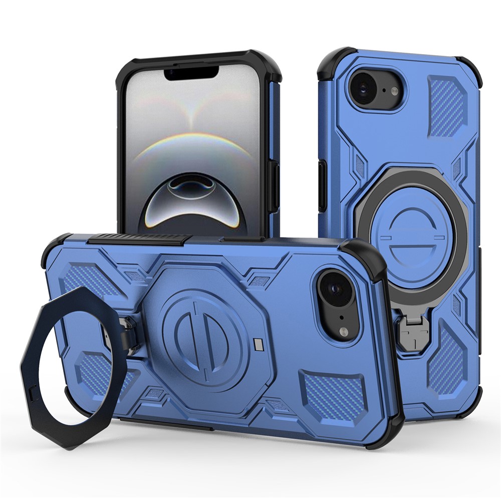 For iPhone 16e Magnetic Case Rotating Metal Kickstand Shockproof PC + TPU Phone Back Cover - Dark Blue
