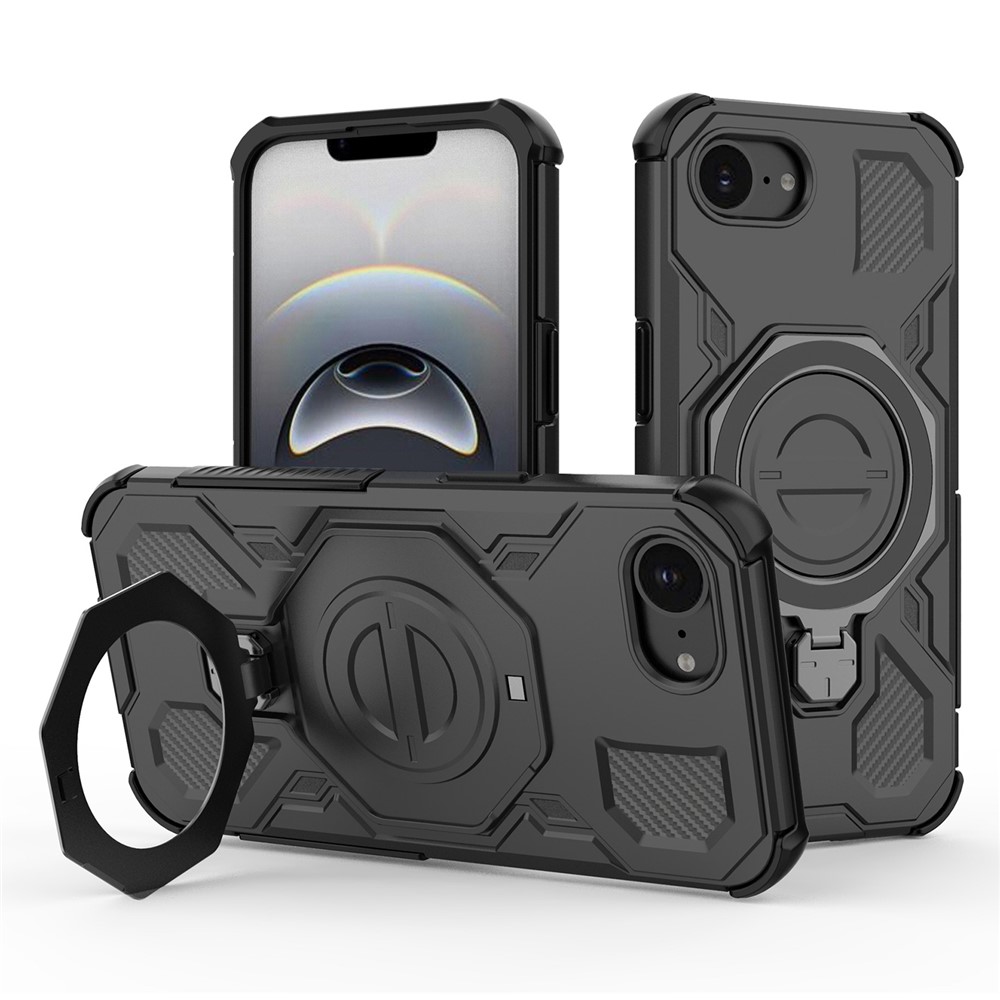 For iPhone 16e Magnetic Case Rotating Metal Kickstand Shockproof PC + TPU Phone Back Cover - Black