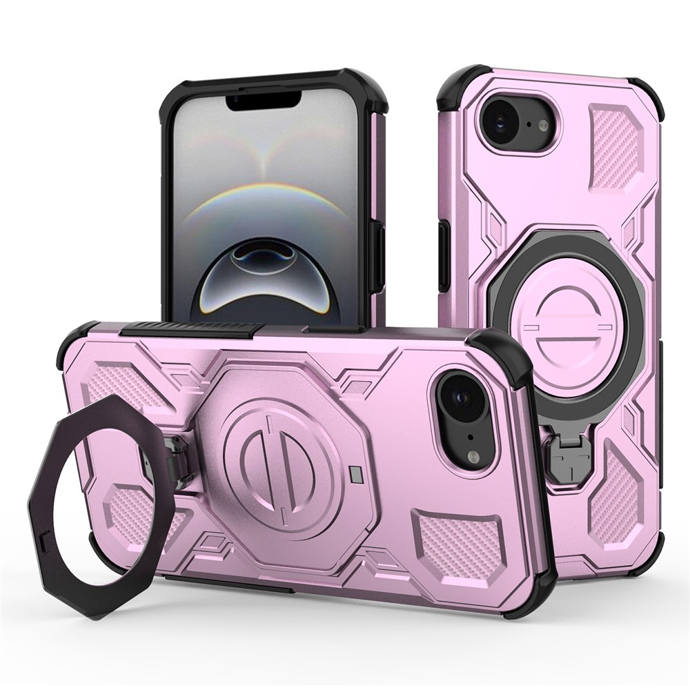 For iPhone 16e Magnetic Case Rotating Metal Kickstand Shockproof PC + TPU Phone Back Cover - Pink