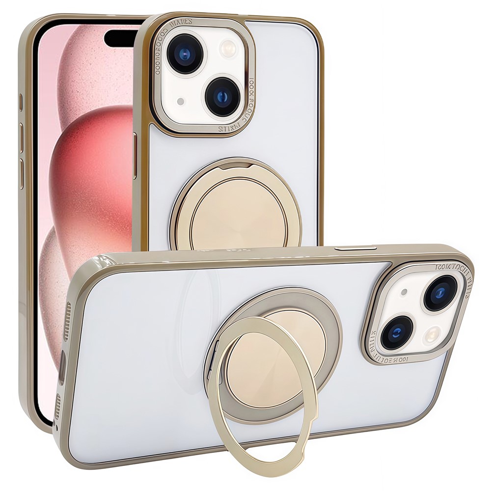 For iPhone 15 Magnetic Case Acrylic TPU Phone Back Cover with Kickstand - Desert Gold