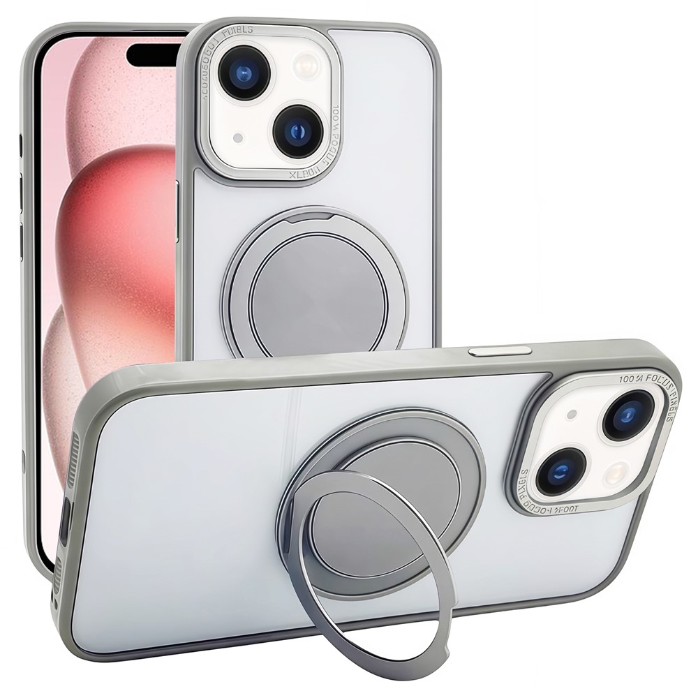 For iPhone 15 Magnetic Case Acrylic TPU Phone Back Cover with Kickstand - Grey