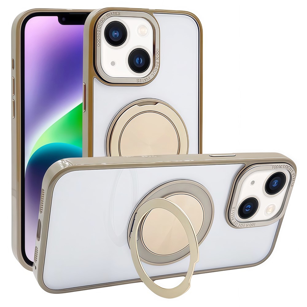 For iPhone 14 / 13 Magnetic Case Acrylic TPU Phone Back Cover with Kickstand - Desert Gold
