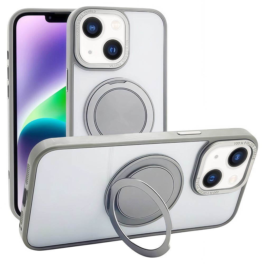 For iPhone 14 / 13 Magnetic Case Acrylic TPU Phone Back Cover with Kickstand - Grey
