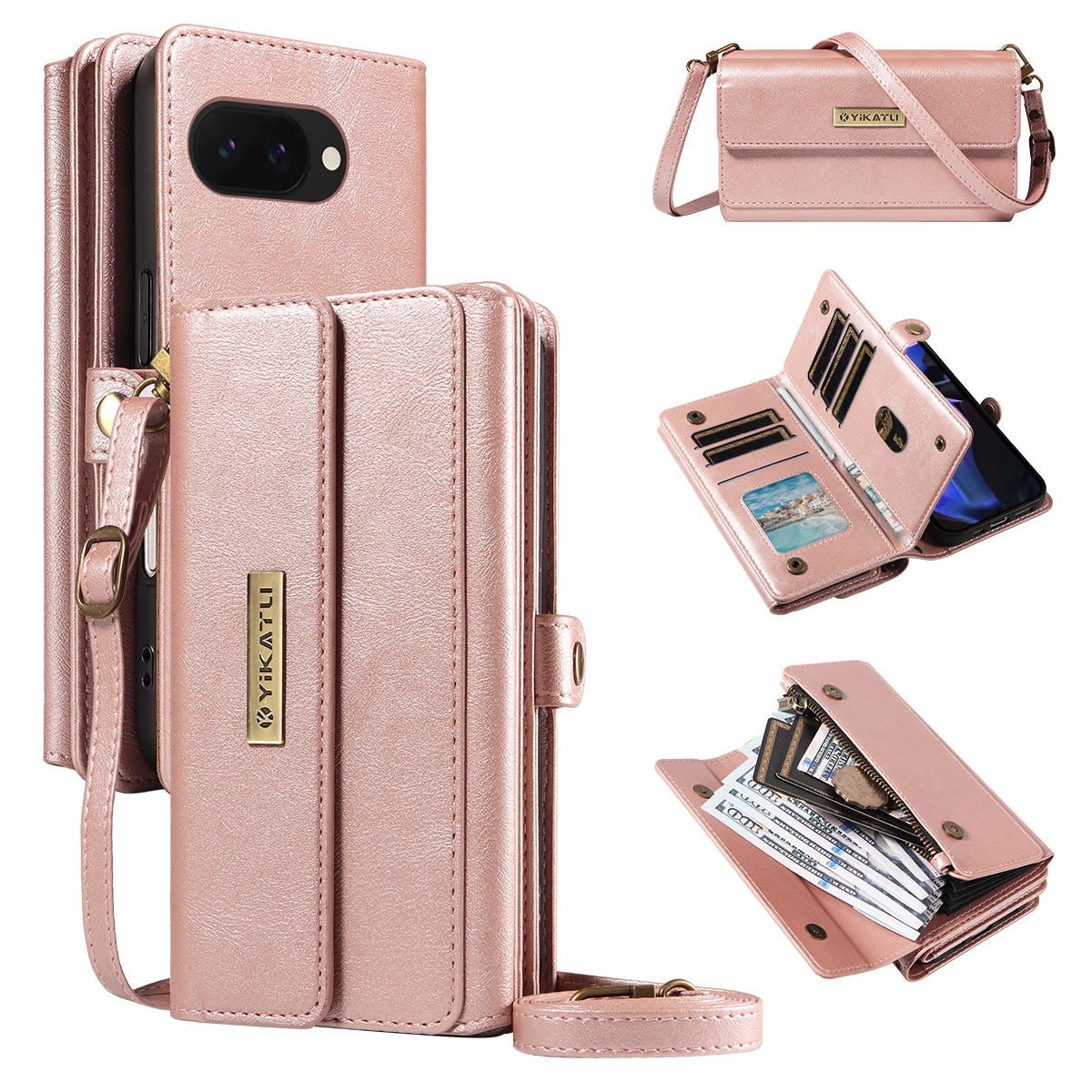 For Google Pixel 9a Case YIKATU YK-008 Zipper Wallet Leather Phone Cover with Shoulder Strap - Rose Gold