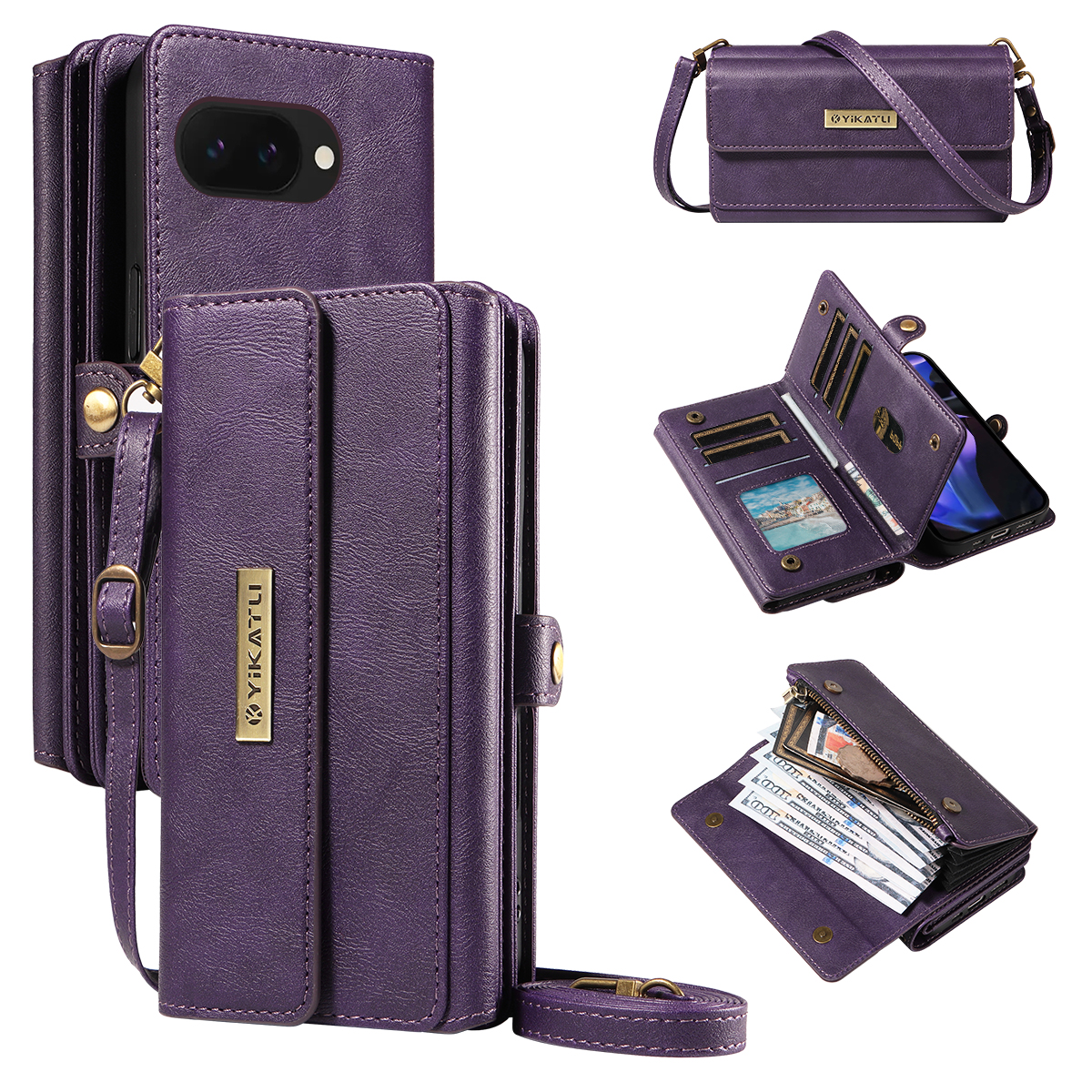 For Google Pixel 9a Case YIKATU YK-008 Zipper Wallet Leather Phone Cover with Shoulder Strap - Purple