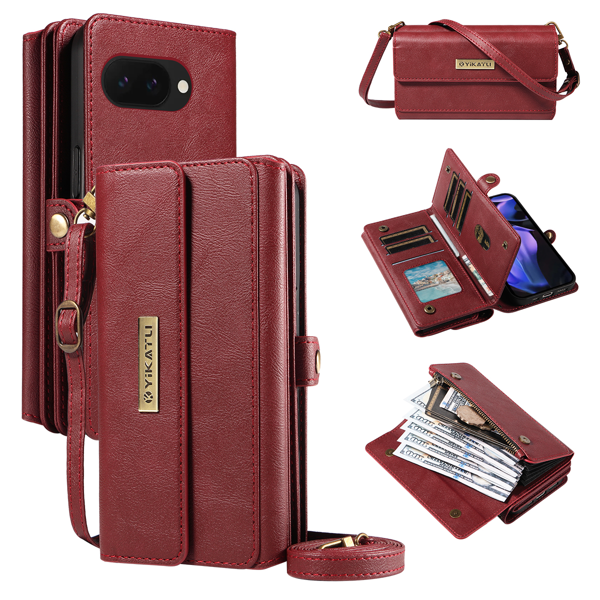 For Google Pixel 9a Case YIKATU YK-008 Zipper Wallet Leather Phone Cover with Shoulder Strap - Red