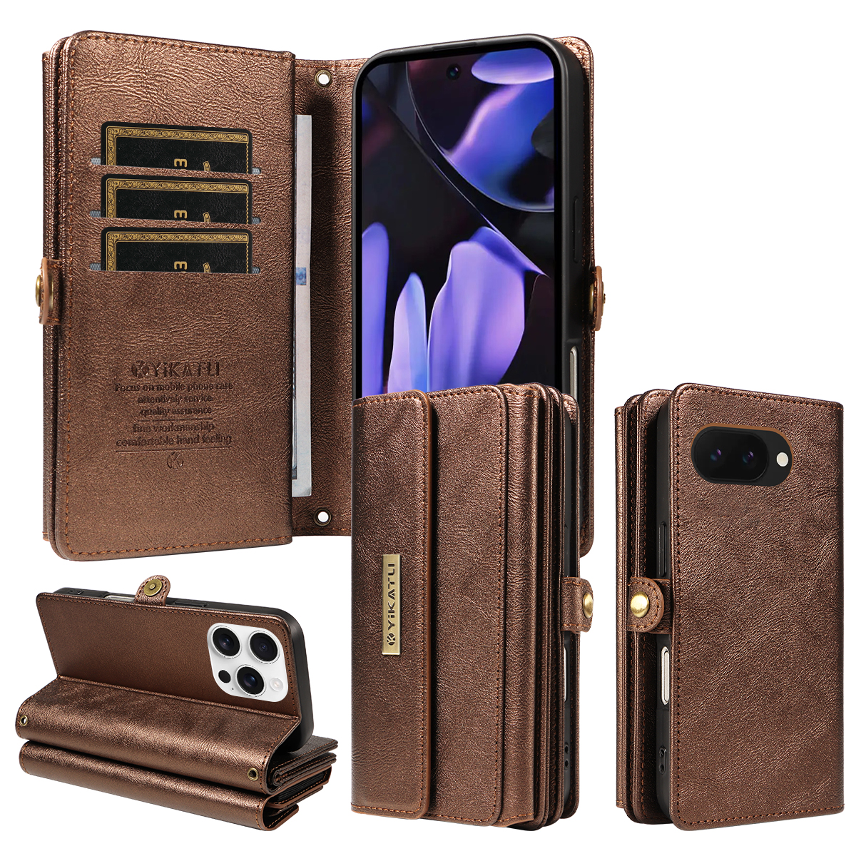 For Google Pixel 9a Case YIKATU YK-008 Zipper Wallet Leather Phone Cover with Shoulder Strap - Brown