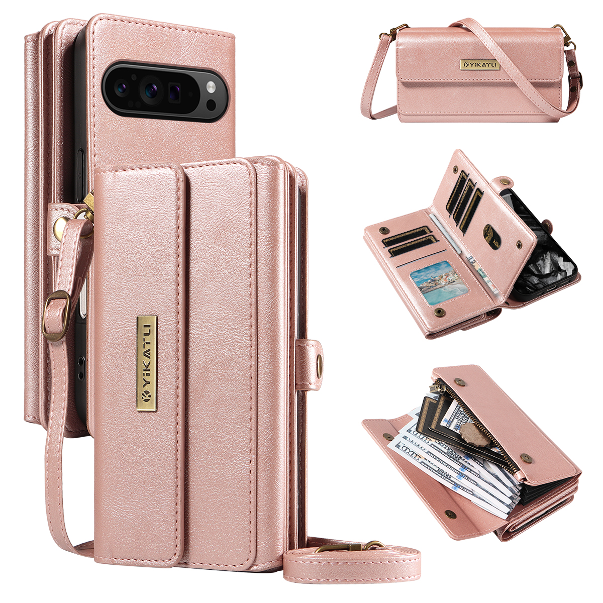 For Google Pixel 10 Pro / Google Pixel 9 / Google Pixel 9 Pro / Google Pixel 10 Case YIKATU YK-008 Zipper Wallet Leather Phone Cover with Shoulder Strap - Rose Gold