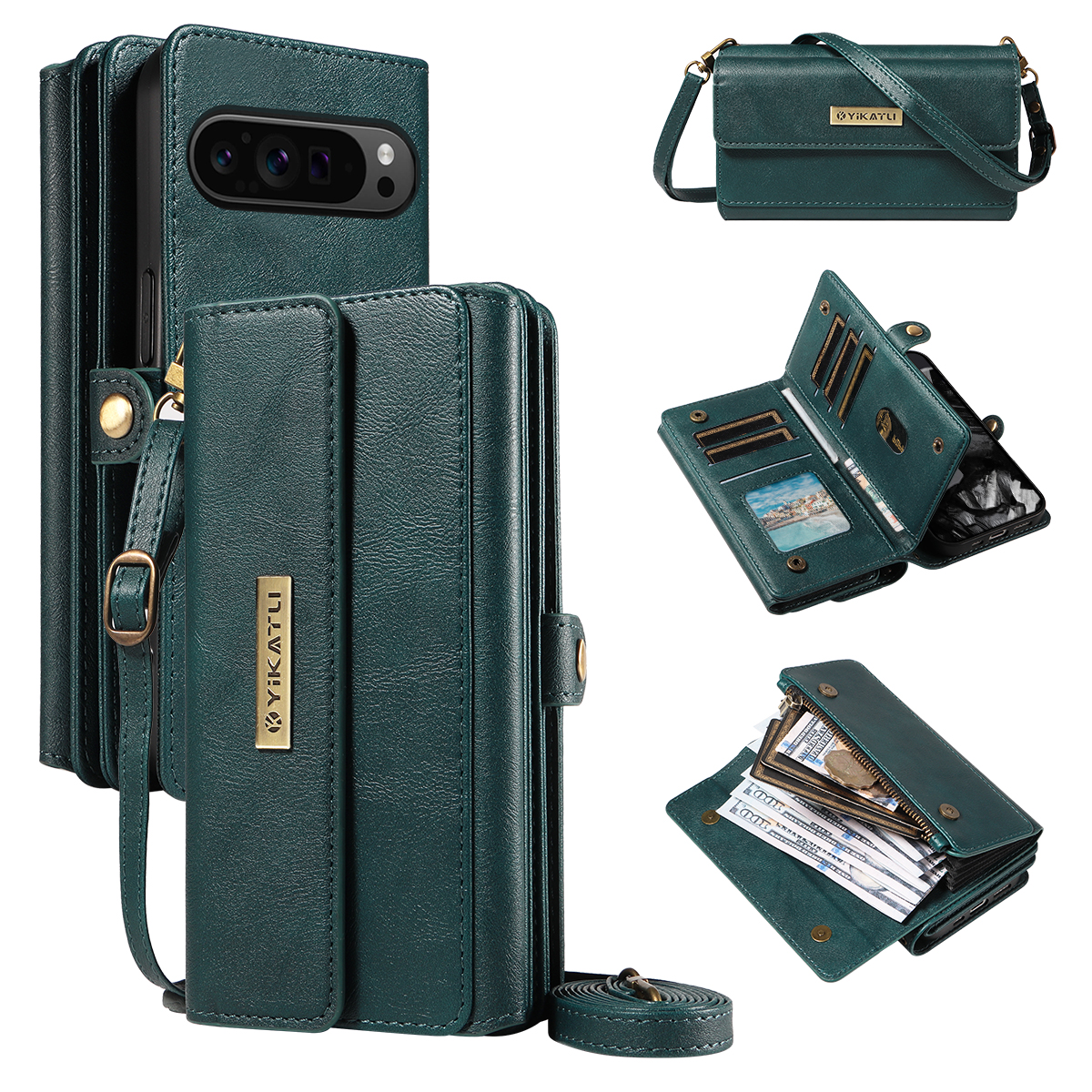 For Google Pixel 10 Pro / Google Pixel 9 / Google Pixel 9 Pro / Google Pixel 10 Case YIKATU YK-008 Zipper Wallet Leather Phone Cover with Shoulder Strap - Green