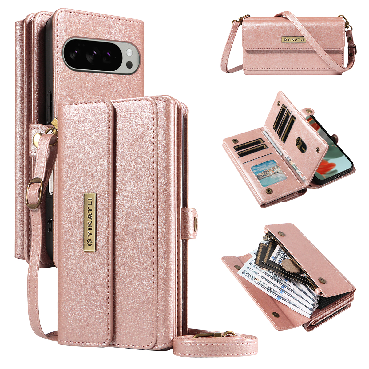 For Google Pixel 9 Pro XL / Google Pixel 10 Pro XL Case YIKATU YK-008 Zipper Wallet Leather Phone Cover with Shoulder Strap - Rose Gold