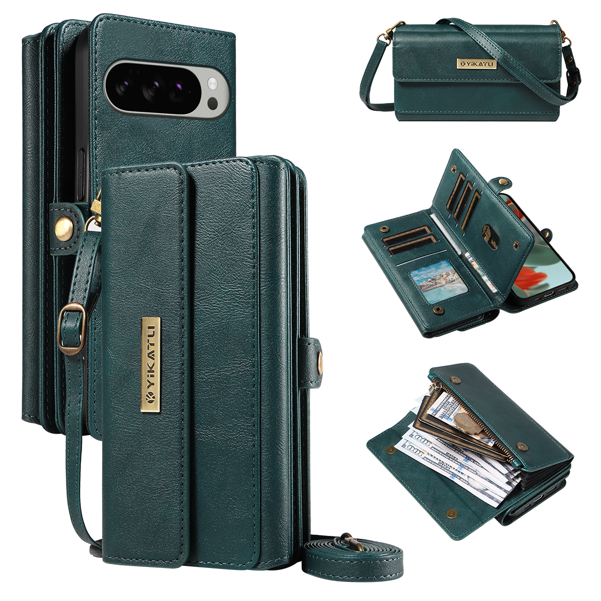 For Google Pixel 9 Pro XL / Google Pixel 10 Pro XL Case YIKATU YK-008 Zipper Wallet Leather Phone Cover with Shoulder Strap - Green