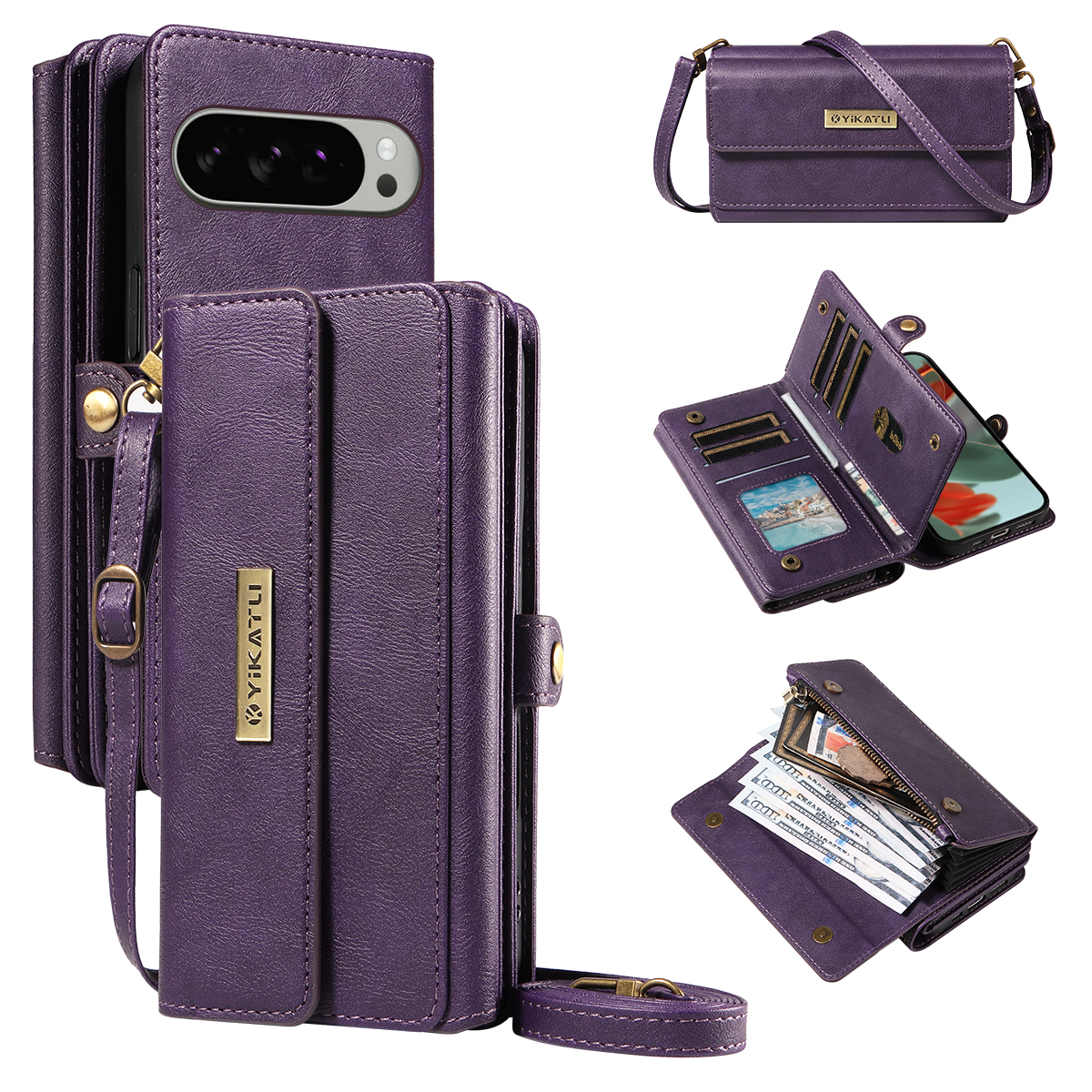 For Google Pixel 9 Pro XL / Google Pixel 10 Pro XL Case YIKATU YK-008 Zipper Wallet Leather Phone Cover with Shoulder Strap - Purple