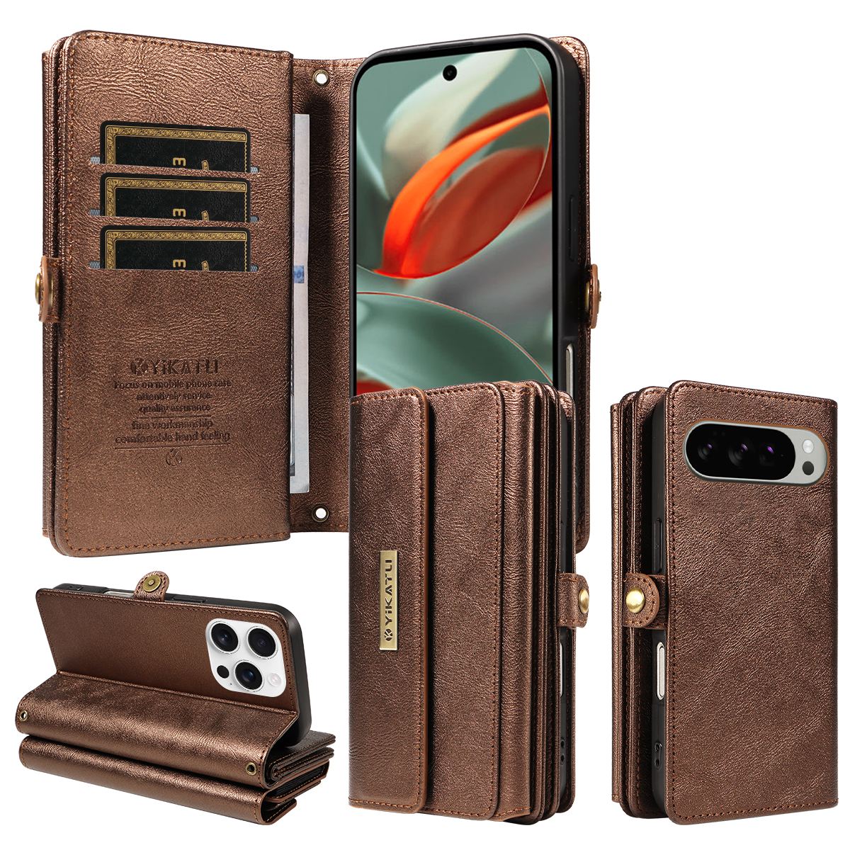 For Google Pixel 9 Pro XL / Google Pixel 10 Pro XL Case YIKATU YK-008 Zipper Wallet Leather Phone Cover with Shoulder Strap - Brown