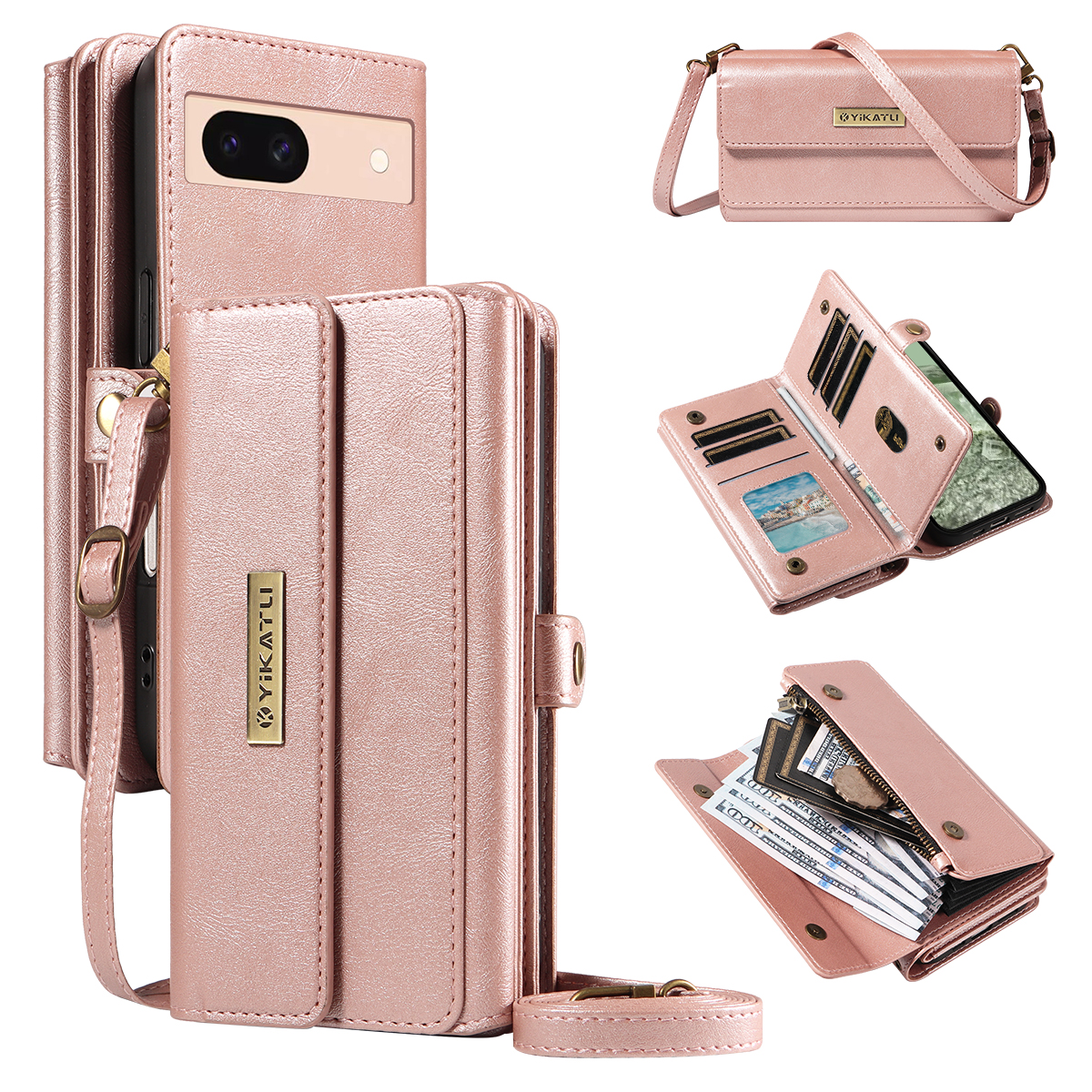 For Google Pixel 8a Case YIKATU YK-008 Zipper Wallet Leather Phone Cover with Shoulder Strap - Rose Gold