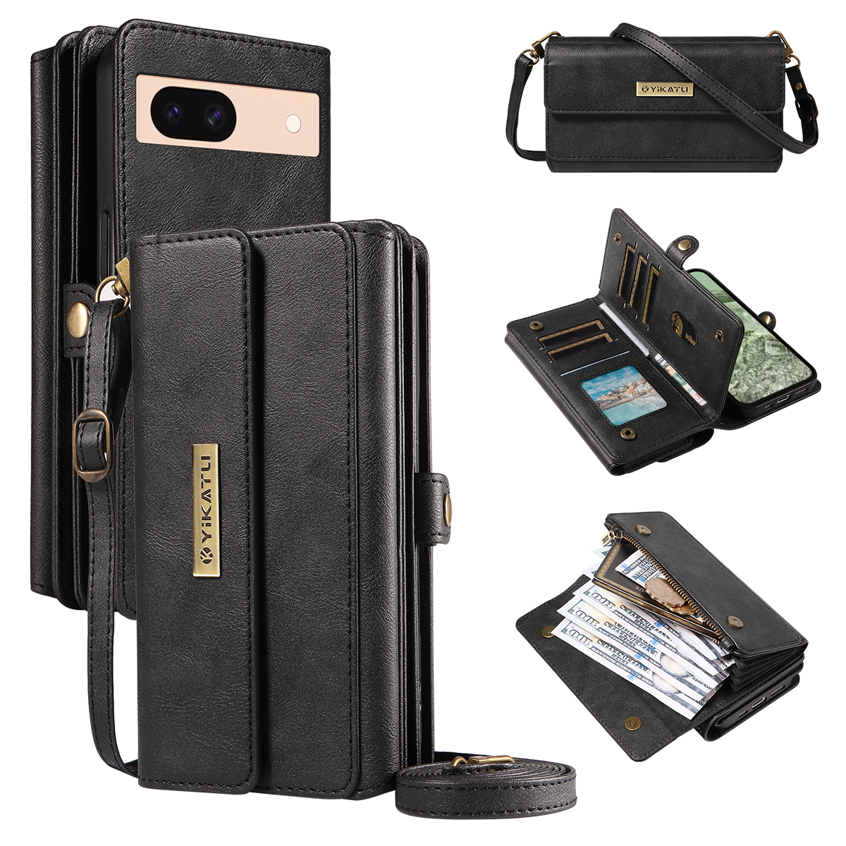 For Google Pixel 8a Case YIKATU YK-008 Zipper Wallet Leather Phone Cover with Shoulder Strap - Black