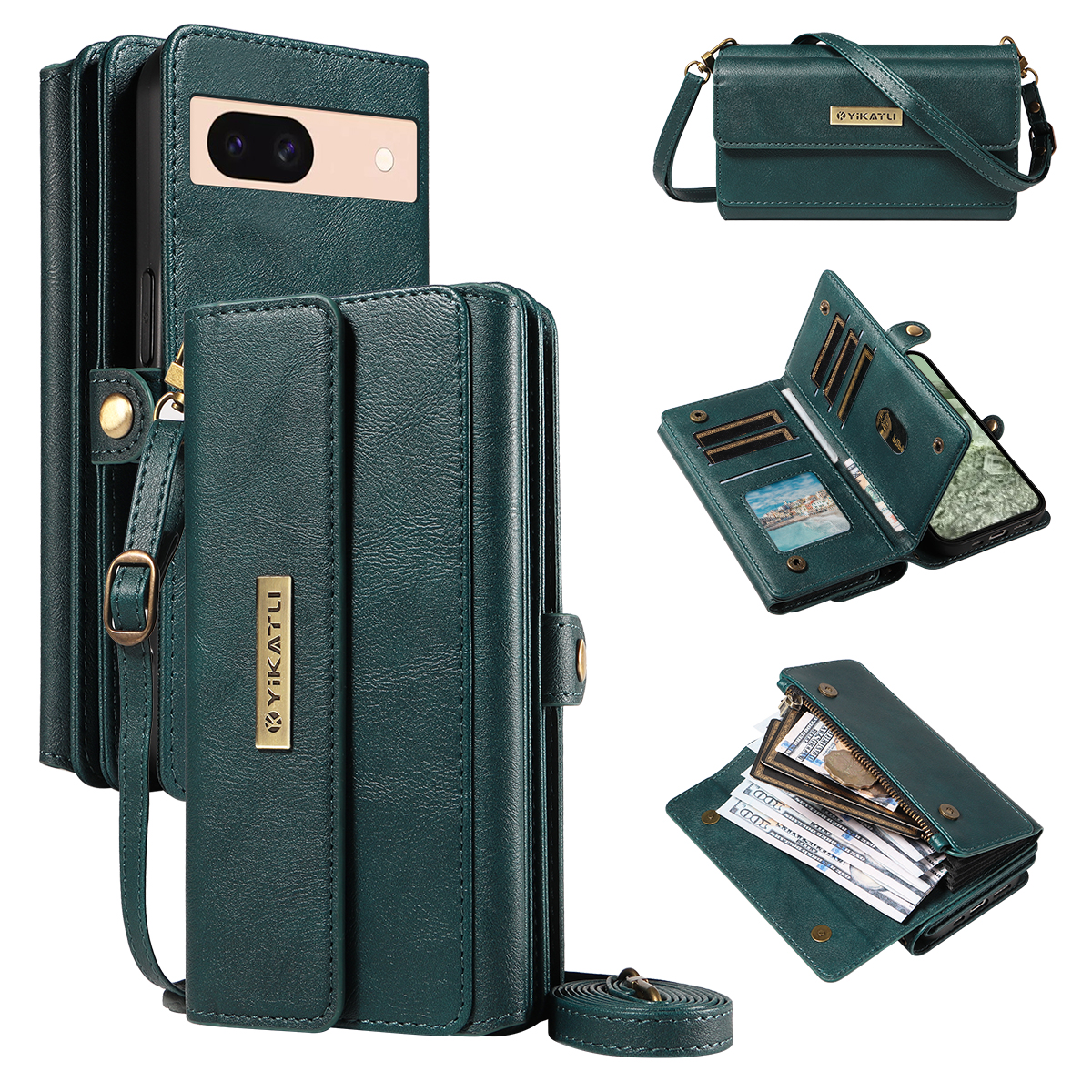 For Google Pixel 8a Case YIKATU YK-008 Zipper Wallet Leather Phone Cover with Shoulder Strap - Green