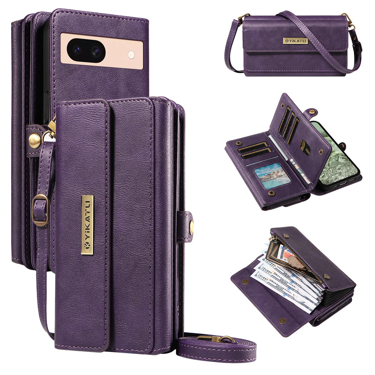 For Google Pixel 8a Case YIKATU YK-008 Zipper Wallet Leather Phone Cover with Shoulder Strap - Purple