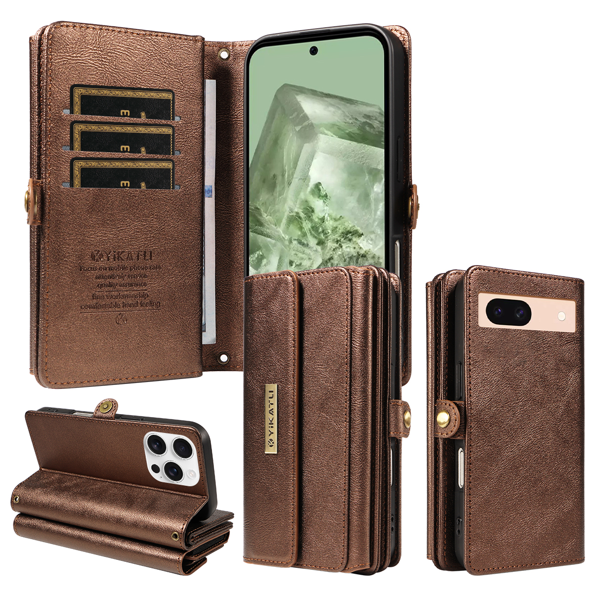 For Google Pixel 8a Case YIKATU YK-008 Zipper Wallet Leather Phone Cover with Shoulder Strap - Brown