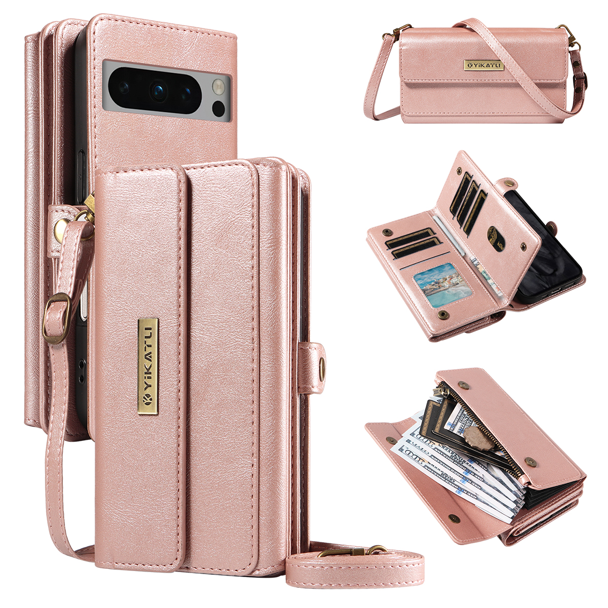 For Google Pixel 8 Pro Case YIKATU YK-008 Zipper Wallet Leather Phone Cover with Shoulder Strap - Rose Gold