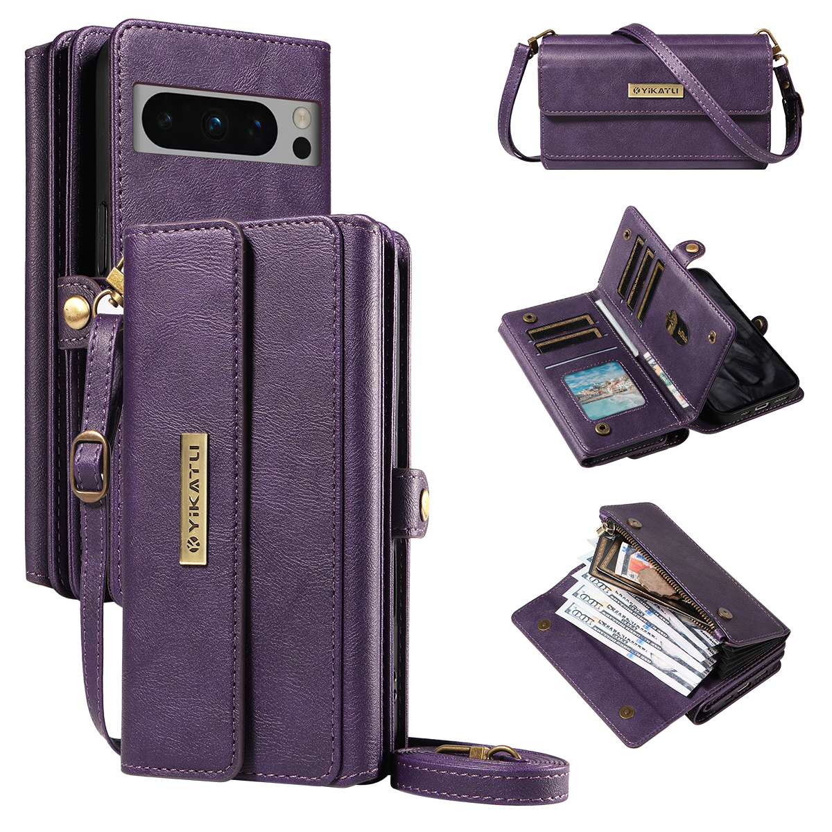 For Google Pixel 8 Pro Case YIKATU YK-008 Zipper Wallet Leather Phone Cover with Shoulder Strap - Purple