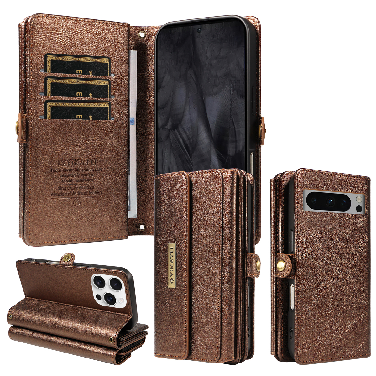 For Google Pixel 8 Pro Case YIKATU YK-008 Zipper Wallet Leather Phone Cover with Shoulder Strap - Brown