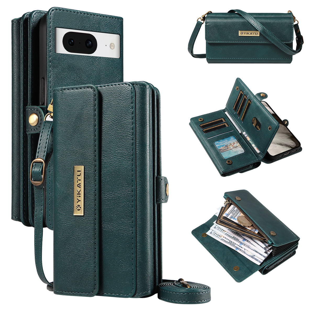 For Google Pixel 8 Case YIKATU YK-008 Zipper Wallet Leather Phone Cover with Shoulder Strap - Green