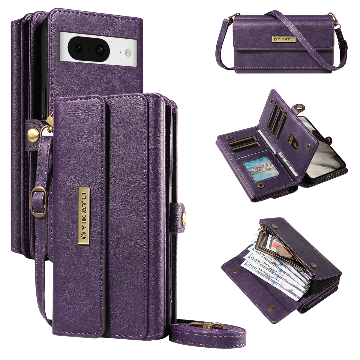 For Google Pixel 8 Case YIKATU YK-008 Zipper Wallet Leather Phone Cover with Shoulder Strap - Purple