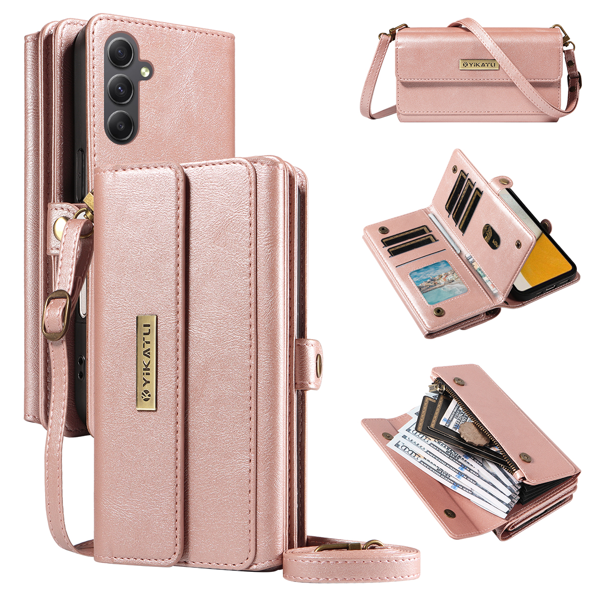 YIKATU For Samsung Galaxy A34 5G Case YK-008 Zipper Wallet Leather Phone Cover with Shoulder Strap - Rose Gold