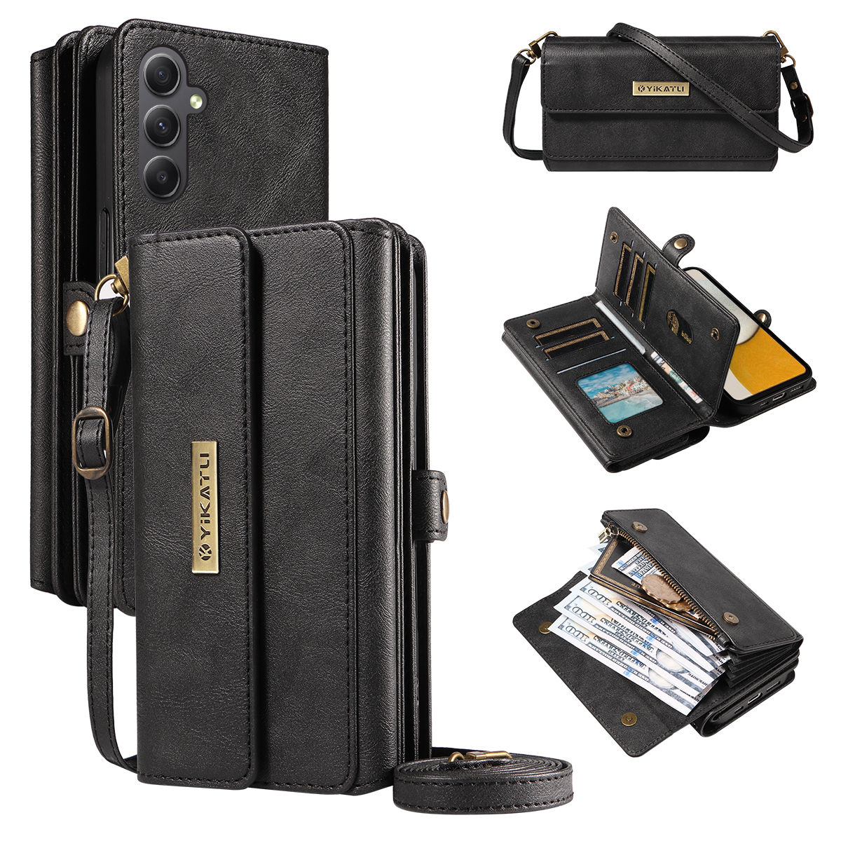 YIKATU For Samsung Galaxy A34 5G Case  YK-008 Zipper Wallet Leather Phone Cover with Shoulder Strap - Black