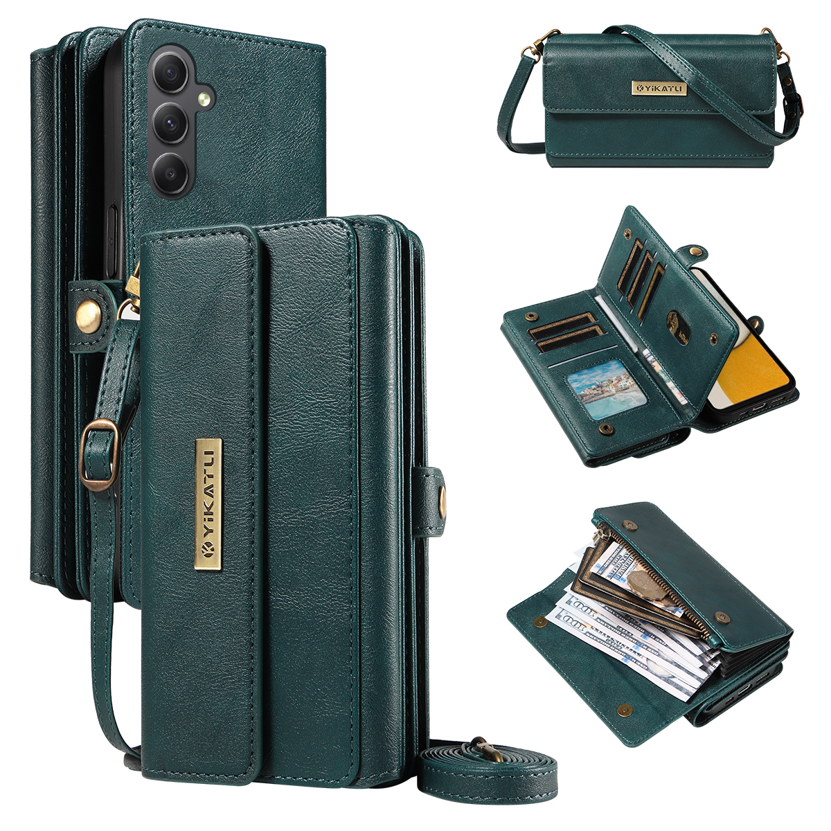 YIKATU For Samsung Galaxy A34 5G Case  YK-008 Zipper Wallet Leather Phone Cover with Shoulder Strap - Green