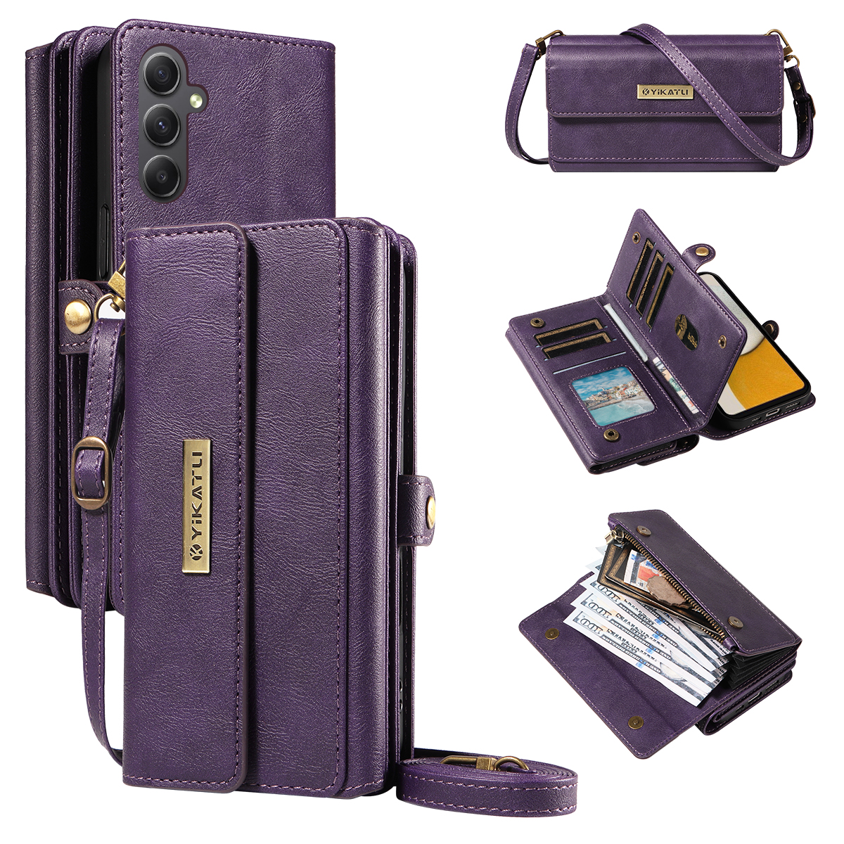 YIKATU For Samsung Galaxy A34 5G Case  YK-008 Zipper Wallet Leather Phone Cover with Shoulder Strap - Purple