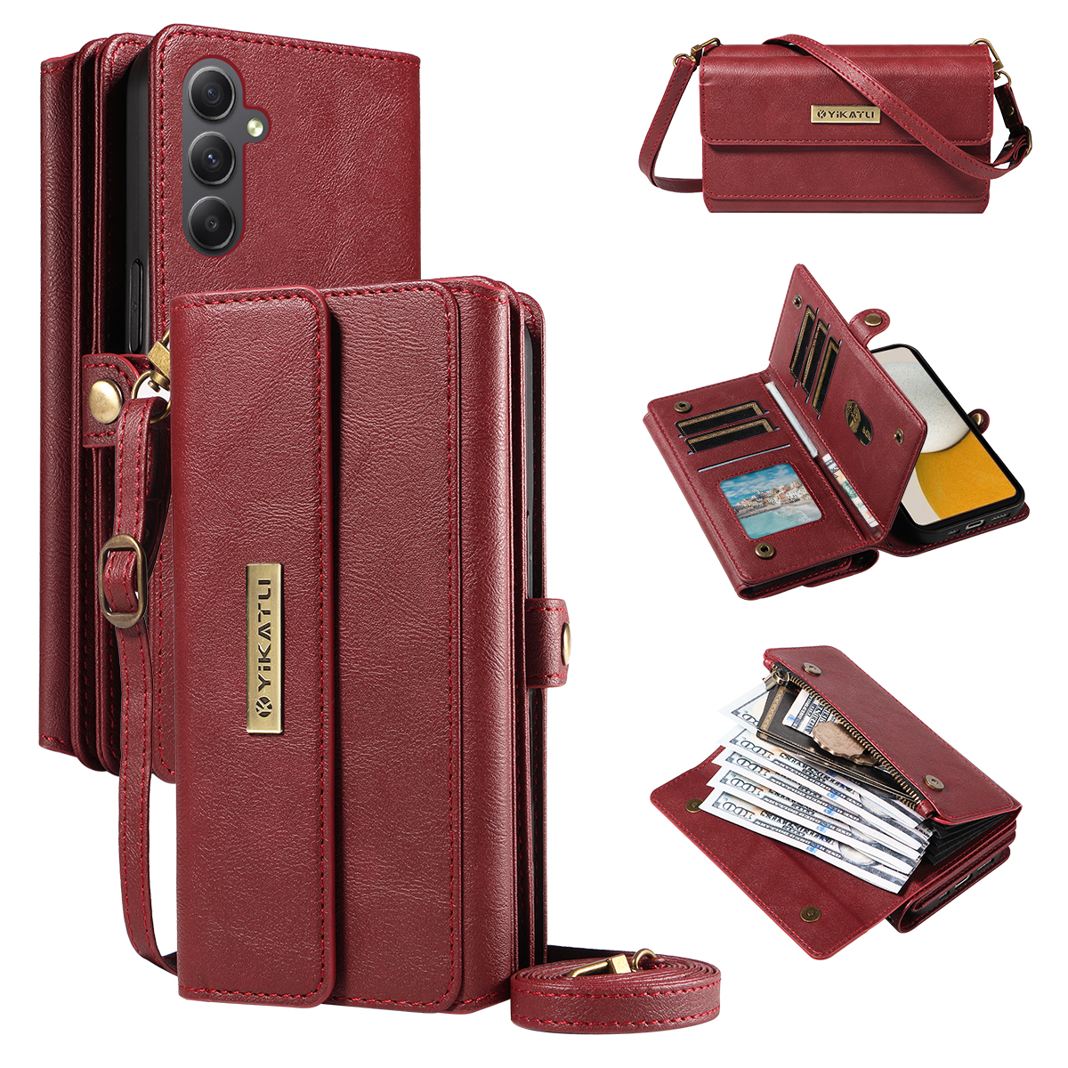 YIKATU For Samsung Galaxy A34 5G Case  YK-008 Zipper Wallet Leather Phone Cover with Shoulder Strap - Red
