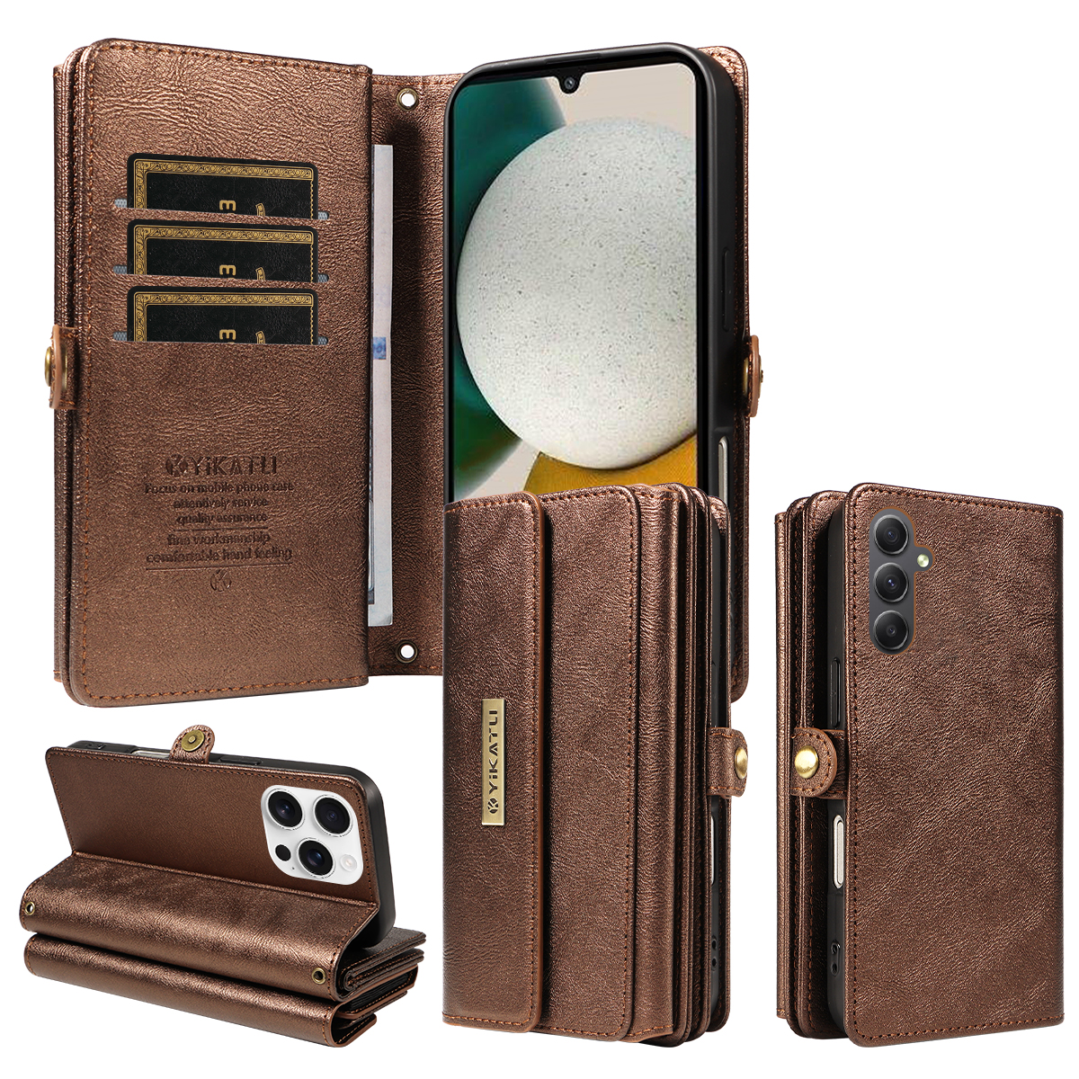 YIKATU For Samsung Galaxy A34 5G Case  YK-008 Zipper Wallet Leather Phone Cover with Shoulder Strap - Brown