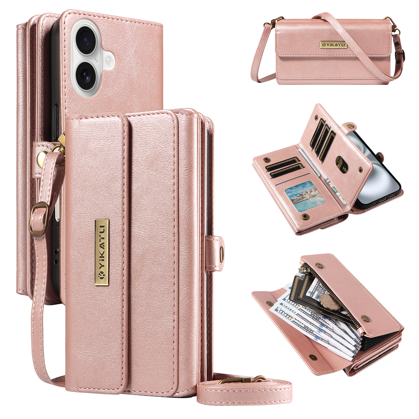For iPhone 16 Case YIKATU YK-008 Zipper Wallet Leather Phone Cover with Shoulder Strap - Rose Gold