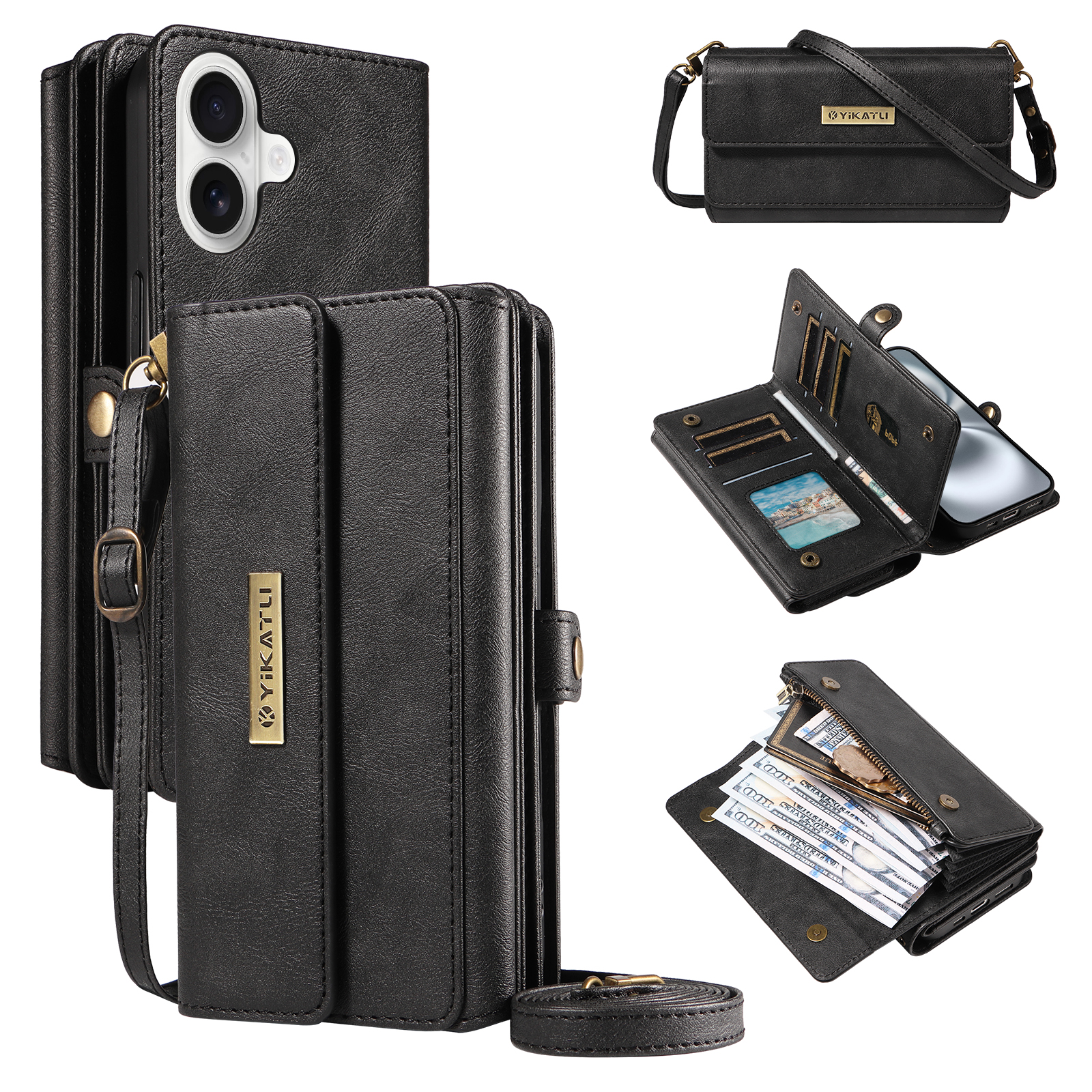 For iPhone 16 Case YIKATU YK-008 Zipper Wallet Leather Phone Cover with Shoulder Strap - Black