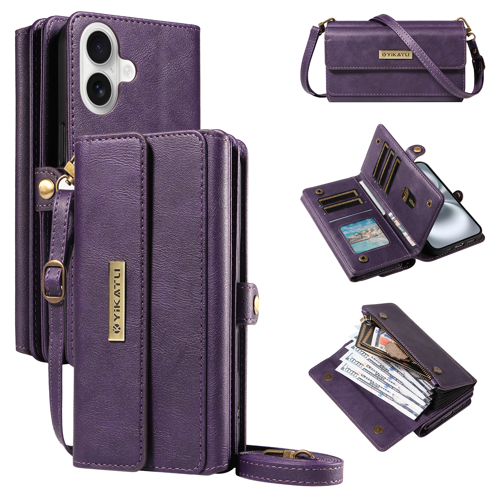For iPhone 16 Case YIKATU YK-008 Zipper Wallet Leather Phone Cover with Shoulder Strap - Purple